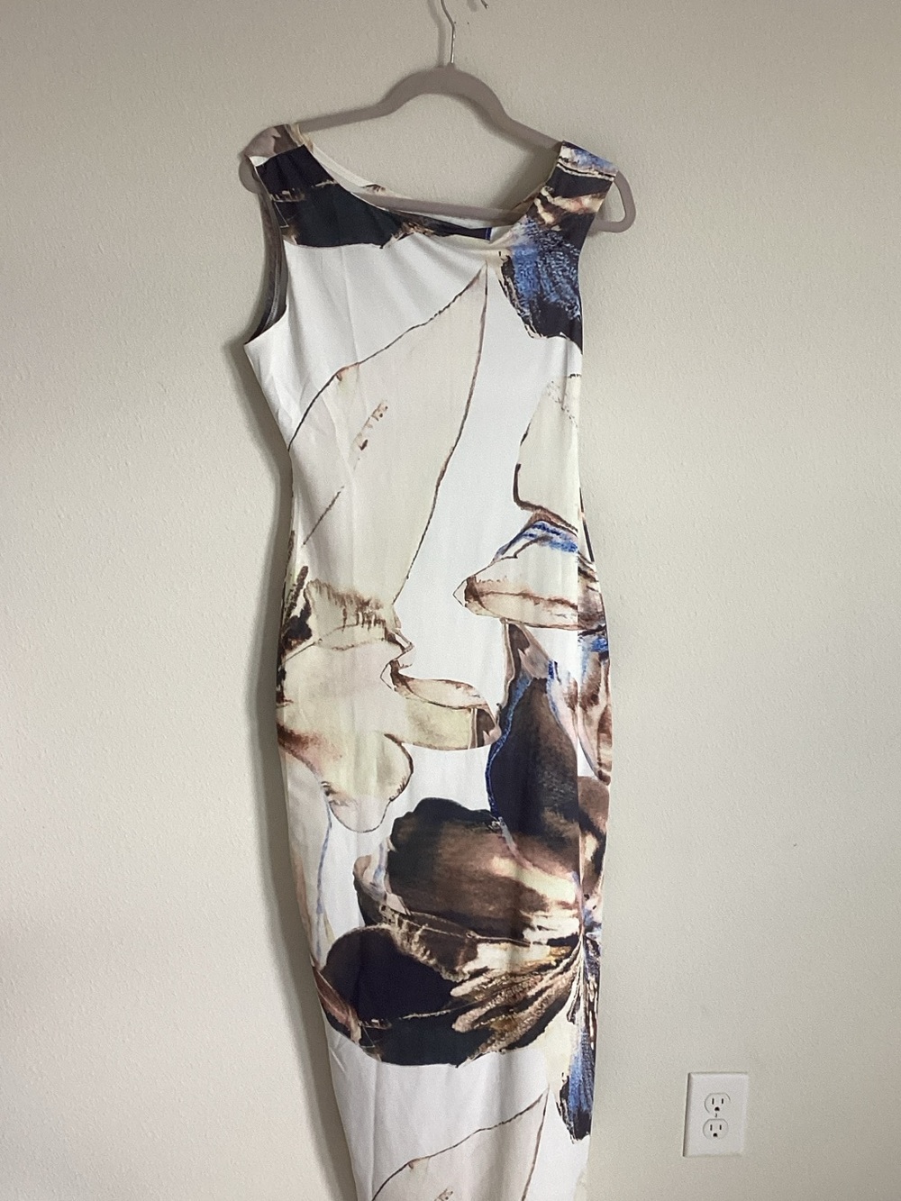 Sleek White Midi Dress with Brown and Blue Floral Print
